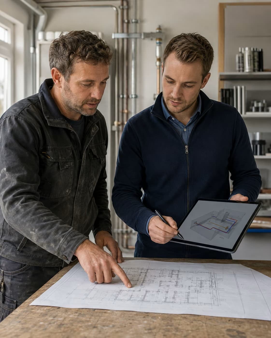 Ein SHK-Handwerker und ein Berechnungswerk-Mitarbeiter besprechen an einer Werkbank einen Gebäudeplan; auf einem Tablet ist ein 3D-Rohrleitungsmodell zu sehen.
